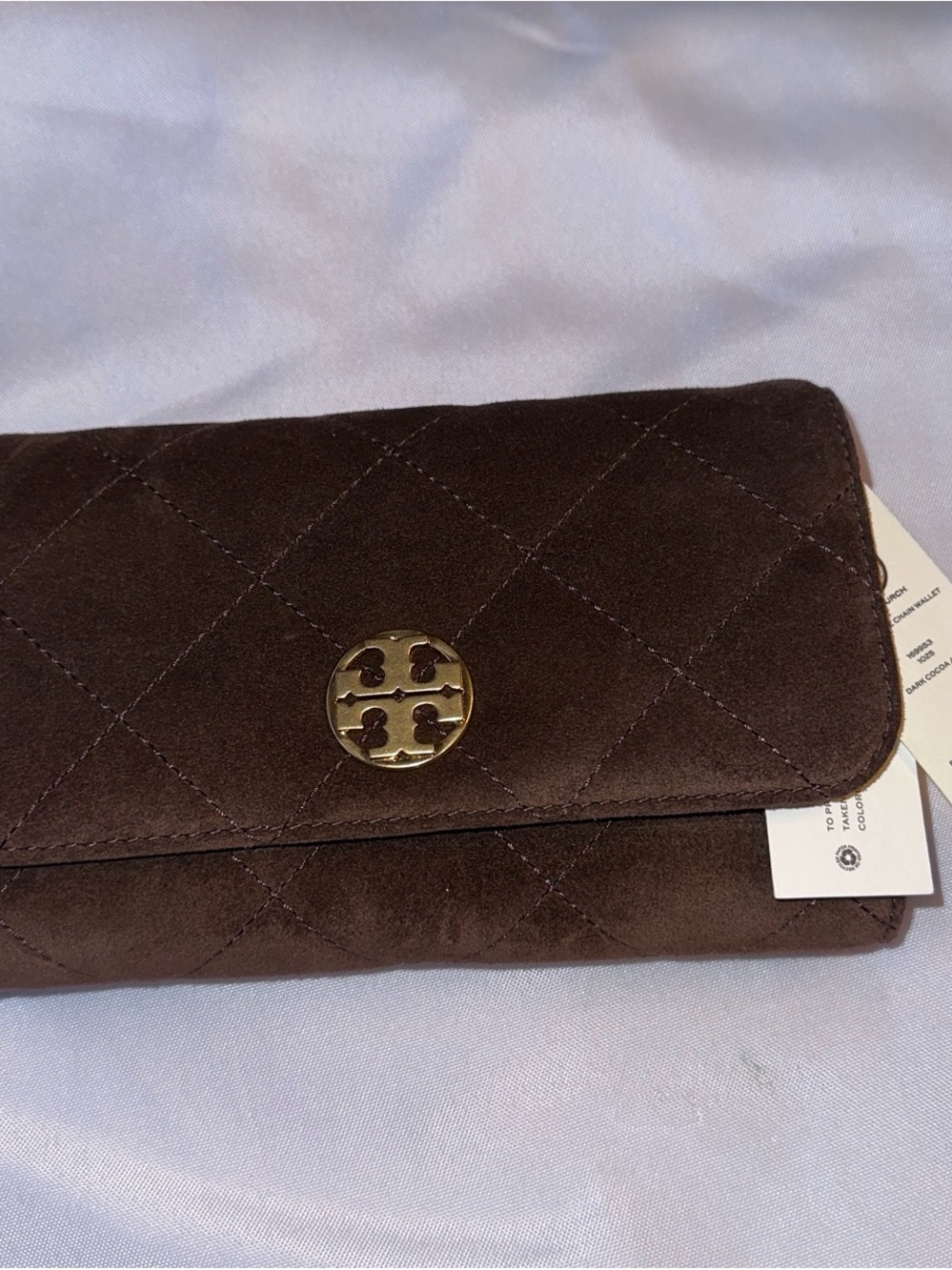 Tory Burch Quilted Suede Wallet Clutch in Brown with Gold Logo